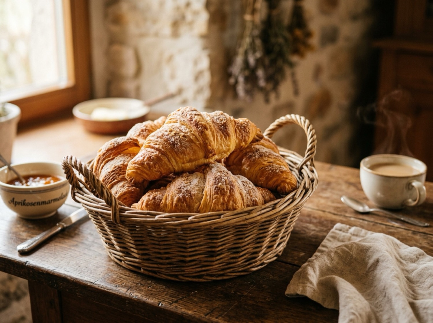 Frisch gebackenes goldenes Brot auf einem gestreiften Tuch