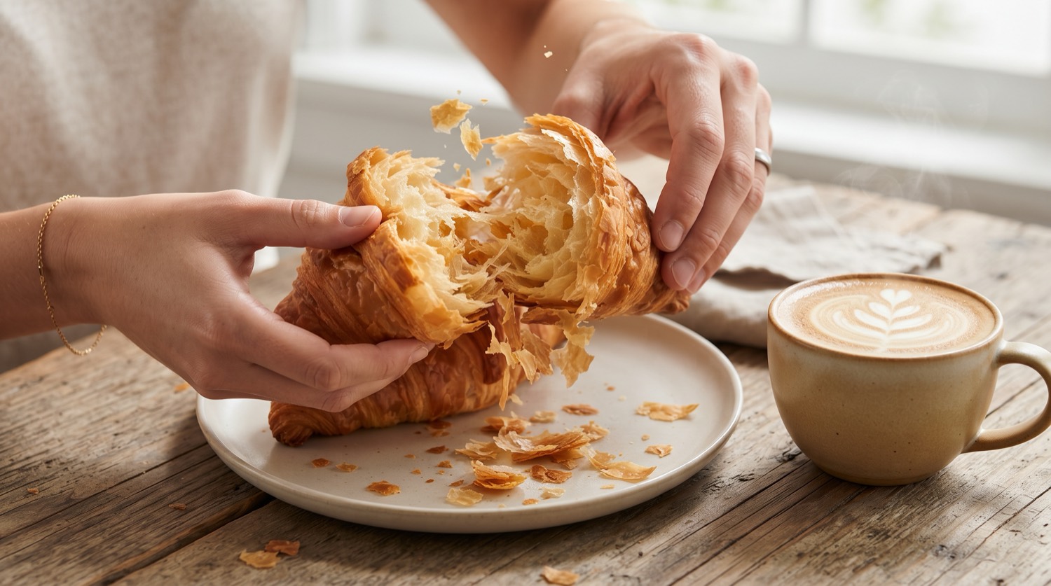 Hände brechen ein Croissant