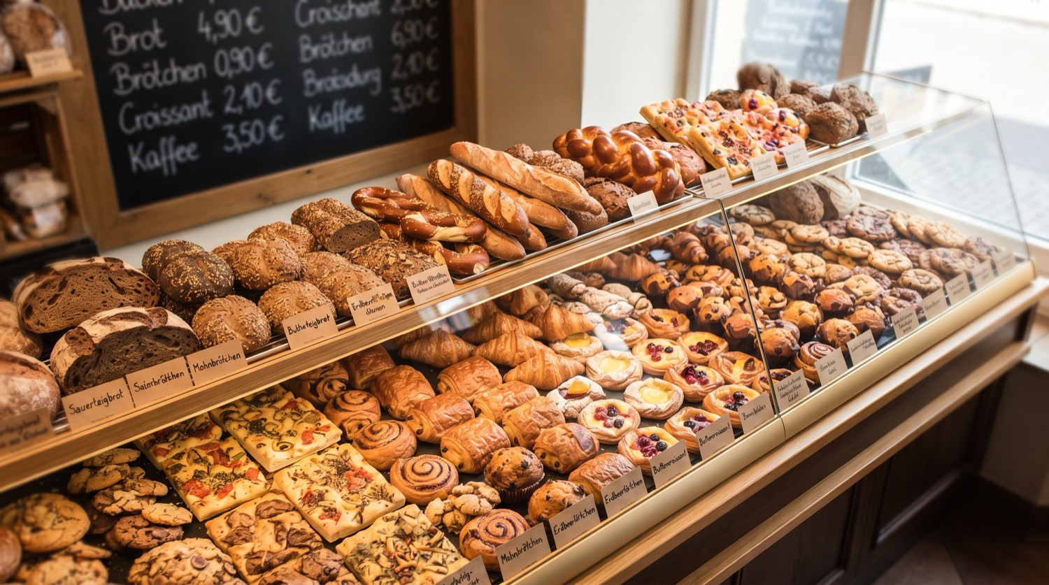 Bäckerei-Auslage mit frischem Gebäck